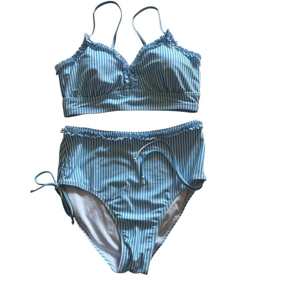 Eytino Women's Blue and White Striped High-Waisted Ruffle Trim Bikini Set